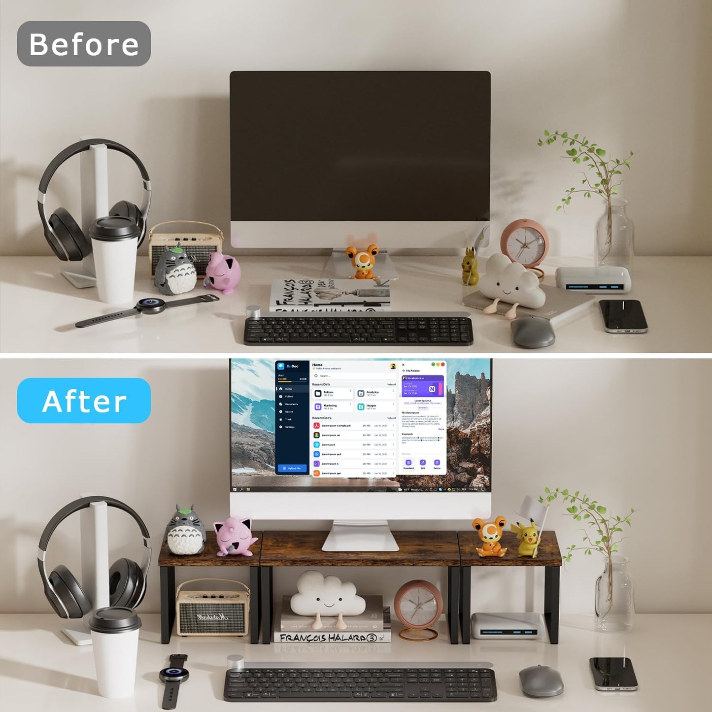 Aothia Wood Desktop Shelf for Top of Desk - 2-Tier Adjustable Bookshelf Organizer, Freestanding Stackable Shelves for Office, Home, Kitchen Counter (Rustic Brown)