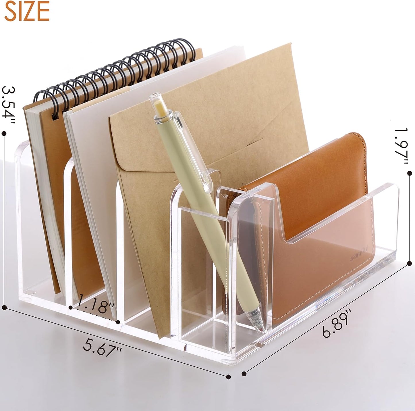 SANRUI Acrylic Mail Organizer, 5 Compartments File Holder for Desk,Letter Sorter with Pen Holder,Desk Organizers and Accessories,Clear Cute Mail Sorter