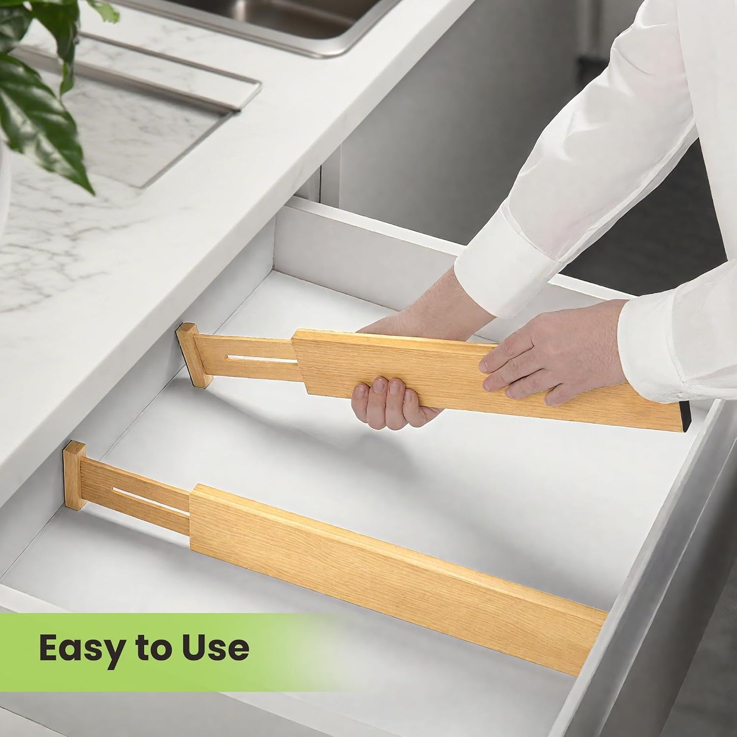Drawer Divider, Adjustable Bamboo Kitchen Drawer Organizer, Spring Loaded Drawer Organizer, Dresser Separators for Kitchen, Bathroom, Clothes, Office Desk Storage (Natural, 4 Pack Large)