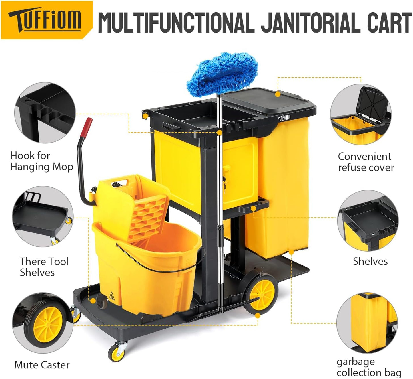 TUFFIOM Janitorial Cart with Key-Locking Cabinet, 3-Shelf Commercial Cleaning Cart, Housekeeping Caddy with Locker,Wheeled with Yellow Vinyl Bag, Black, Great for Hotel, Stores, Schools, and Business