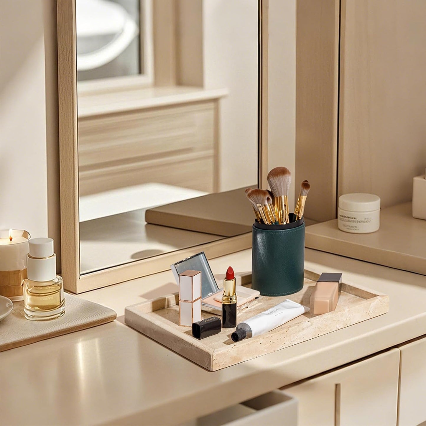 WORHE Vanity Tray Italy Travertine Stone for Jewelry, Perfume, Makeup, Candle Large Natural Marble Decorative Trays for Bathroom Dresser Rectangle Kitchen Storage Organizer for Home Decor Beige(WH021)