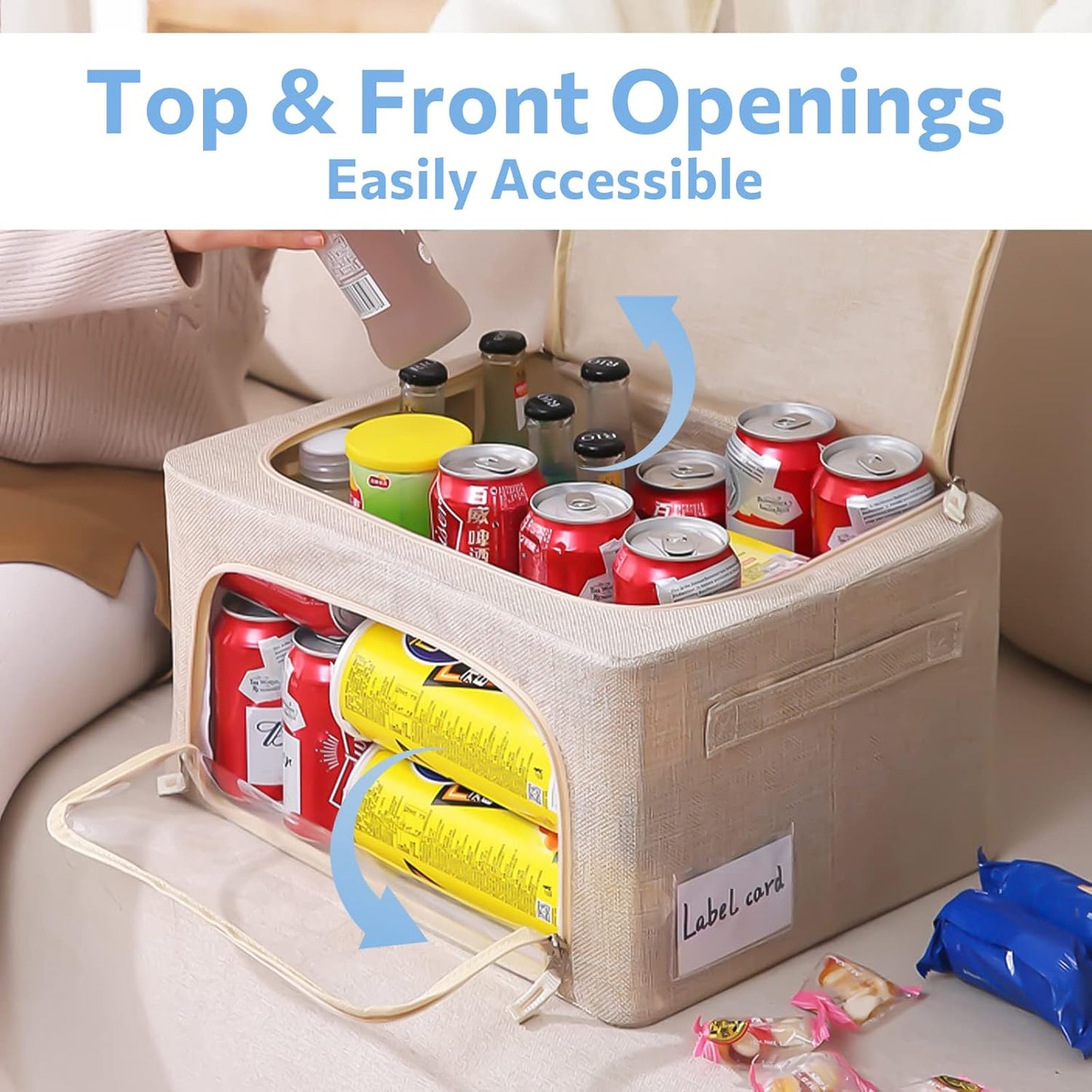 3Pack Foldable Storage Bins - Frame Storage Box Linen Fabric Stackable Clothes Container Organizer with Clear Window & Carry Handles Large Capacity (Small-22L, Beige)