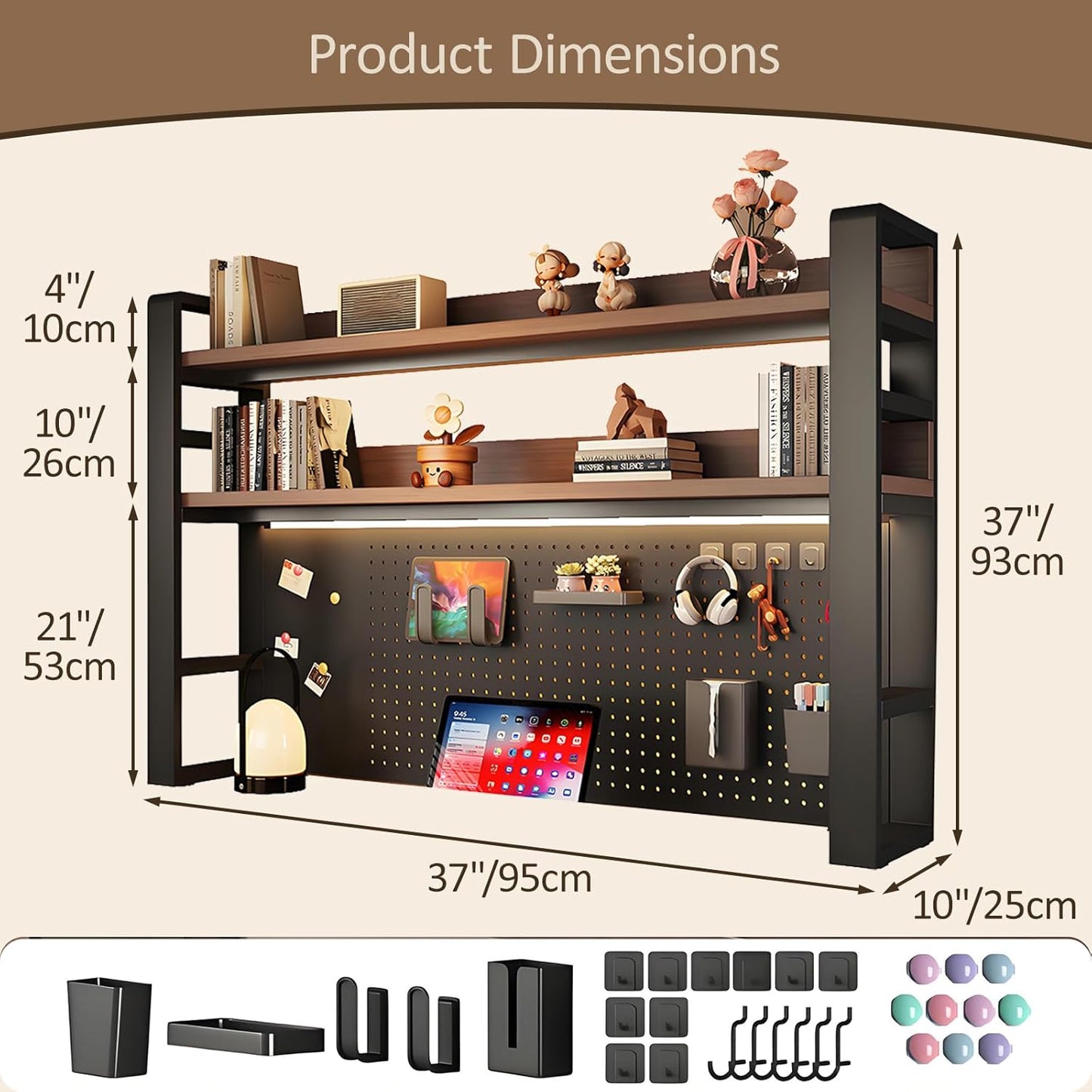 2/3 Tier Desk Hutch with Pegboard, Desk Shelf Organizer with Metal Frame, Space Saving Desktop Bookshelf, Desktop Shelf Organizer Display Rack for Study Table, Home, Of Black+Black 37×10×37"(3-Tiers)