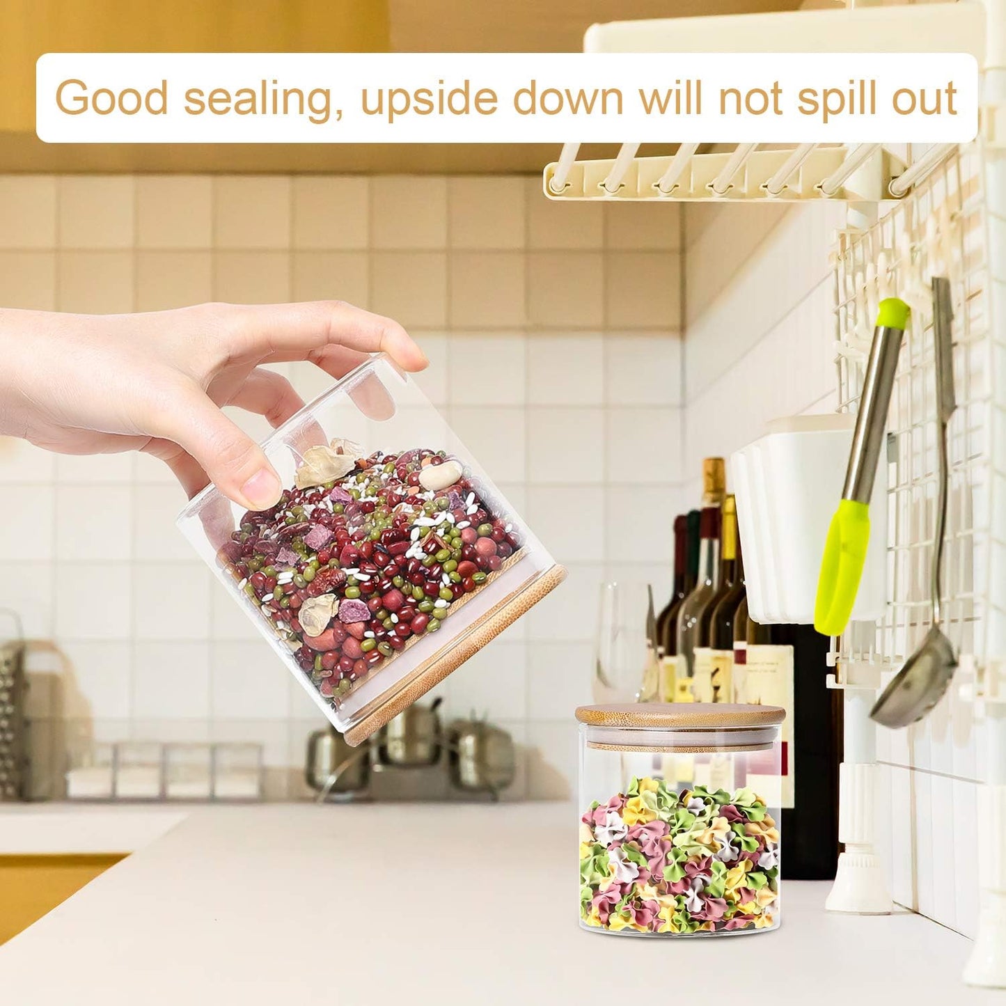 4 Pack Glass Jars with Airtight Bamboo Lids, Glass Kitchen Canisters Clear Container for Food Storage of Dry Goods, Cookie, Candy, Spices, Coffee Beans and More, 18.6 OZ