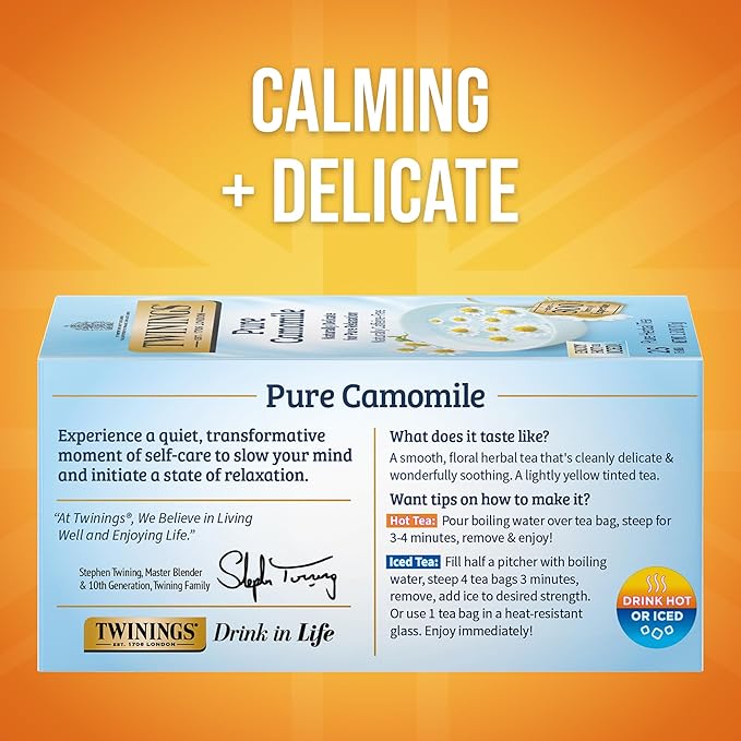 Twinings Pure Camomile Herbal Tea Individually Wrapped Bags, 25 Count (Pack of 6), Calming & Delicate, Naturally Caffeine-Free, Enjoy Hot or Iced, 150 Teabags