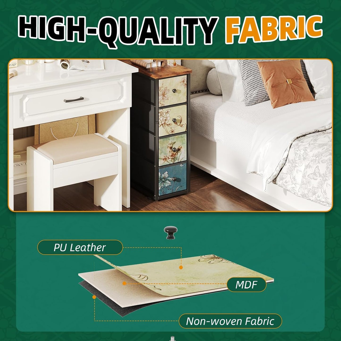 Narrow Dresser, Narrow Nightstand Dresser Storage Tower with 4 Drawers, Slim Fabric Dressers Chest of Drawers for Small Spaces, Retro Flower Dressers, for Bedroom Bathroom Laundry Closet, Vintage