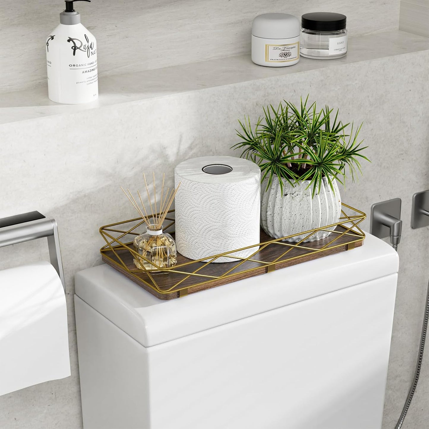 Toilet Paper Basket Holder, 13" Bathroom Tray Countertop, Wood and Metal Toilet Tank Tray Bathroom Vanity Organizer for Toiletry, Kitchen Sink Organizer for Soap Dispenser (Brown+Gold)