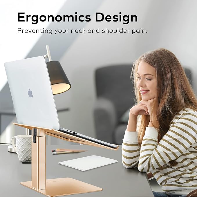 Laptop Stand for Desk, Ergonomic Aluminum Laptop Stand Adjustable Height from 7-15", Sitting and Standing Laptop Riser for 10-17" Notebook (Gold)