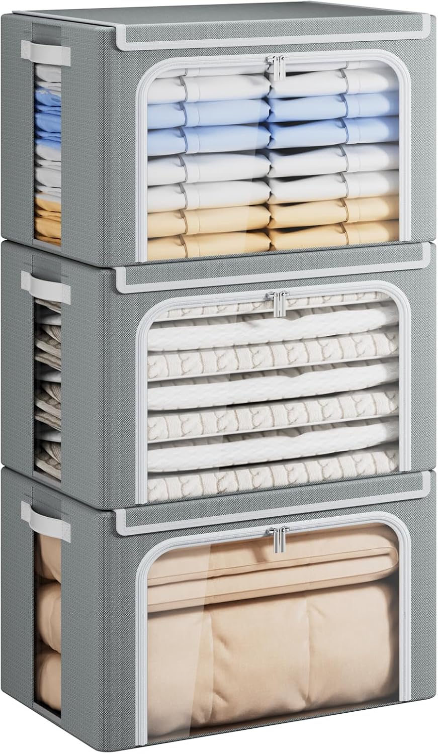 Yecaye Clothes Storage Bins with Metal Frame, Foldable Clothing Storage Bin with Lid, Stackable Oxford Fabric Organizer Box With Clear Window & Zippers & PU Leather Handles (3 Pack,Grey,66L)