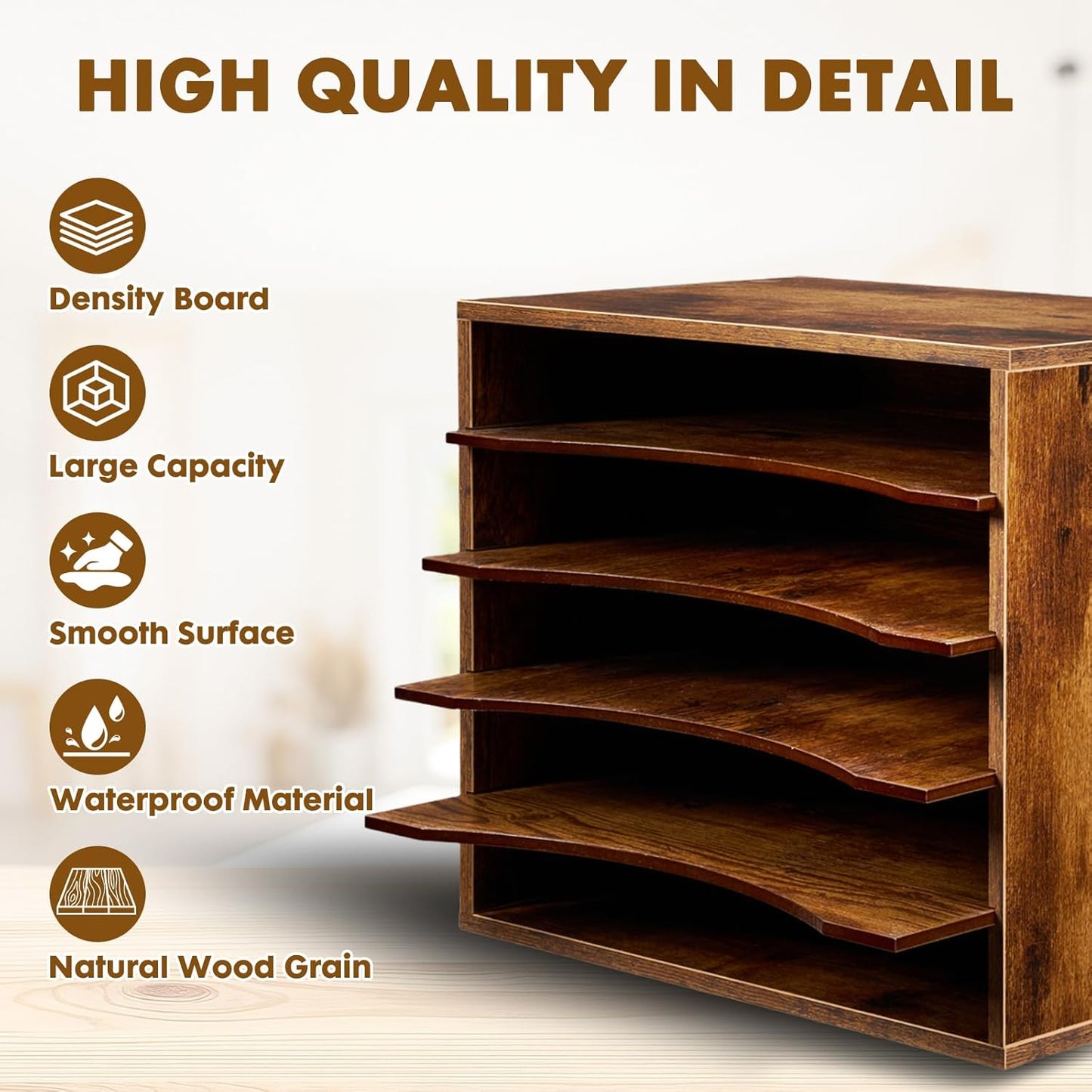 EMERIT Paper Organzier Wood Desktop Organizer Storage Letter Tray File Sorter with Adjustable Shelves for Home Office