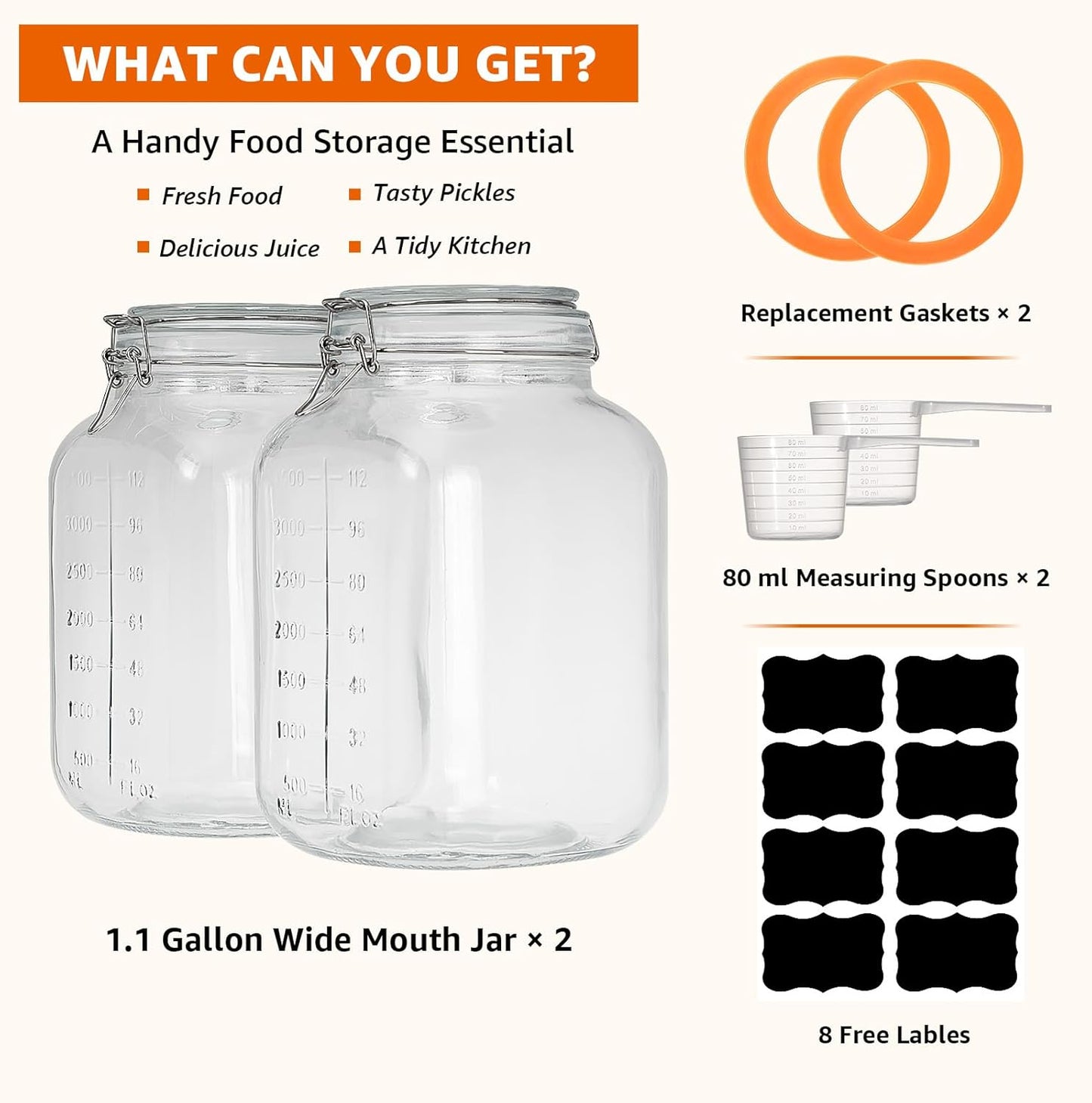 2 Pack 1.1 Gallon Square Super Wide Mouth, Airtight Glass Storage Jars, with Measurement Marks, Leak-Proof Lids for Kitchen Pantry, Canning, Dry Food (Flour, Sugar) & Drinks
