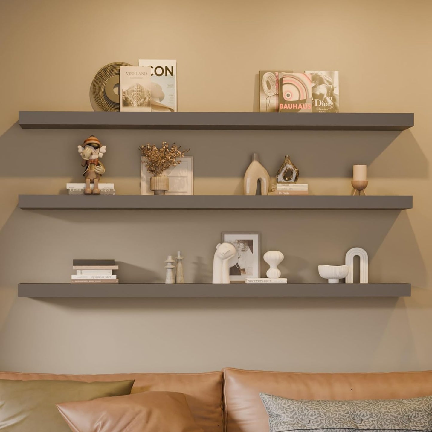 Floating Shelves for Wall, 72 Inch Extra Long Gray Wall Shelves, Set of 3, Hanging Invisible Brackets Floating Shelves for Living Room,Bedroom,and Kitchen