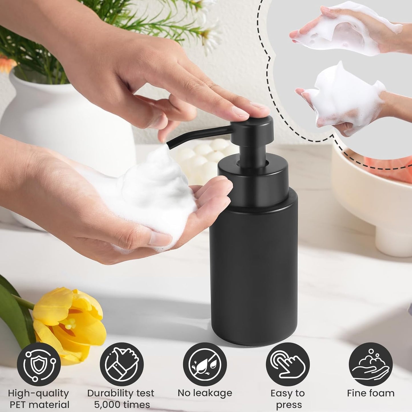 4 Pack 10 OZ Glass Foaming Soap Dispenser for Bathroom & Kitchen Foaming Hand Soap Dispenser with Labels Dispenser for Liquid Soap,Shampoo,Body Wash,Dish Soap,Black