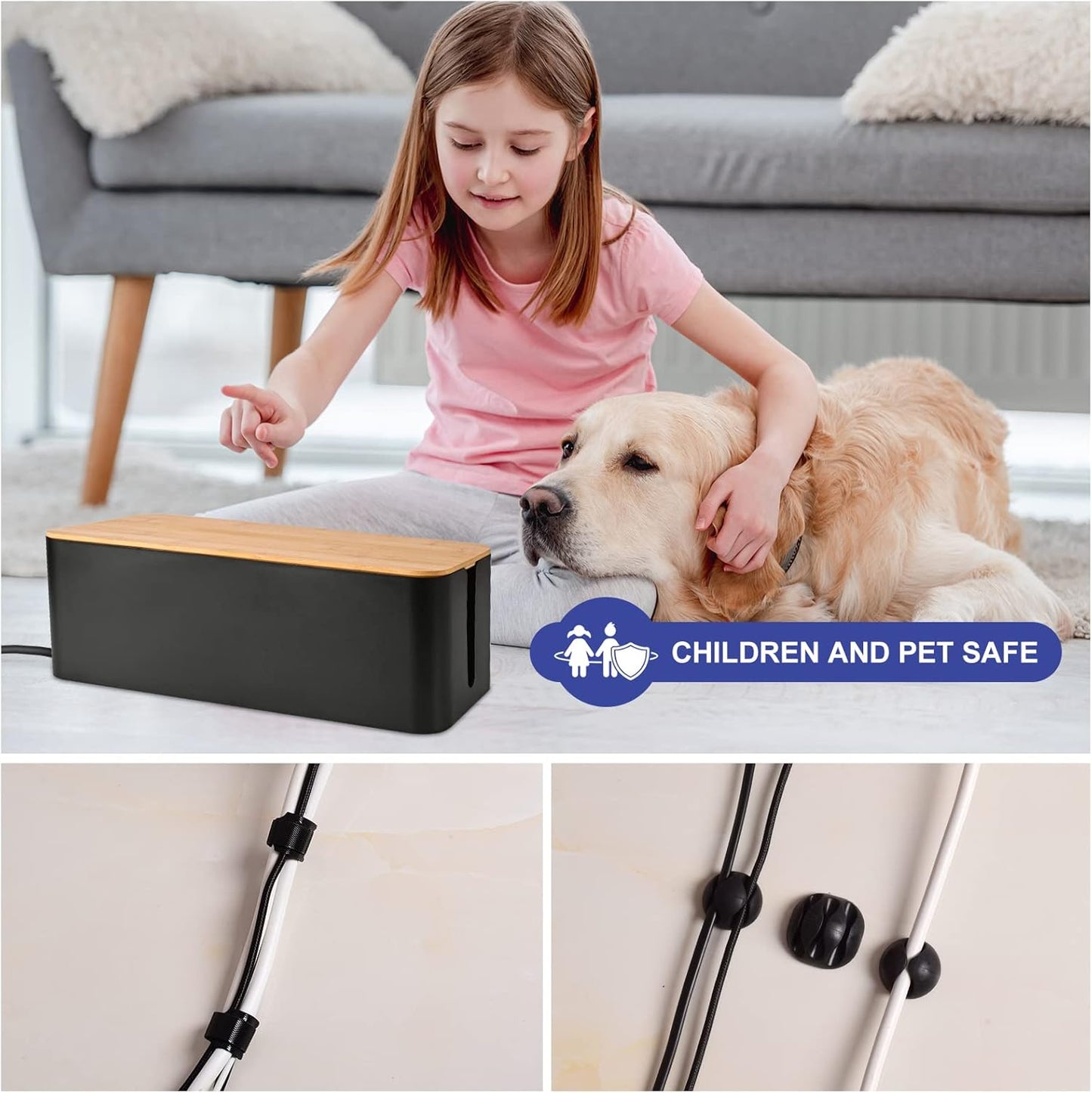 Cable Management Box - Wooden Style Large Cord Organizer to Hide Wires & Power Strips | Desk Computer Cable Organizer | Safe ABS Material | 16" (L) x 6.2" (W) 5.3" (H) | for Home & Office - Black