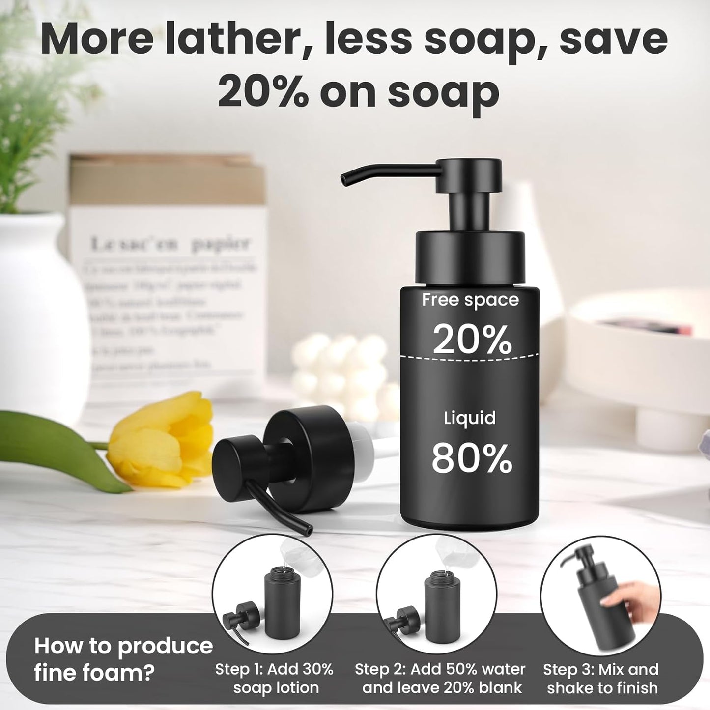 4 Pack 10 OZ Glass Foaming Soap Dispenser for Bathroom & Kitchen Foaming Hand Soap Dispenser with Labels Dispenser for Liquid Soap,Shampoo,Body Wash,Dish Soap,Black