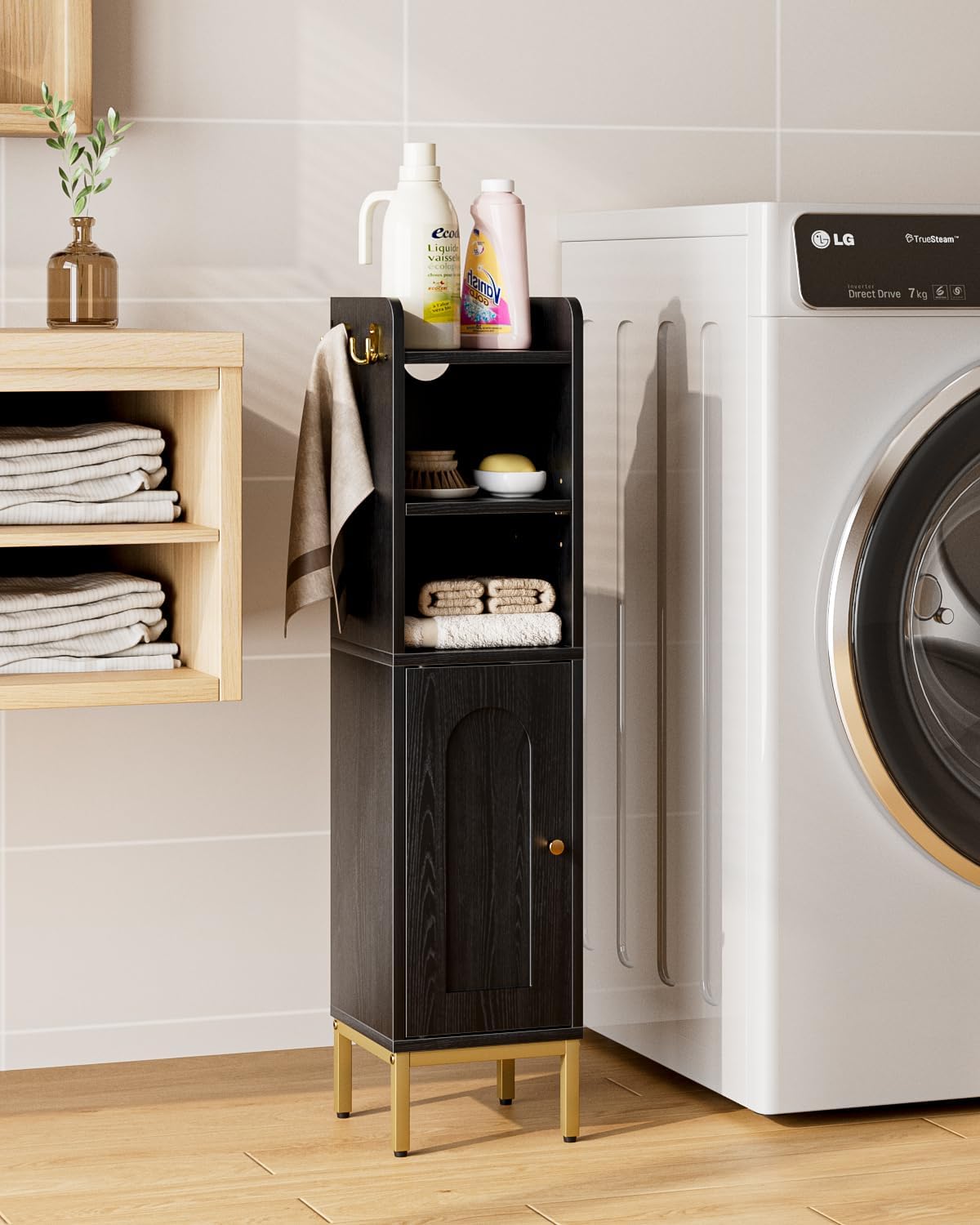 Bathroom Storage Cabinet, Small Corner Floor Hutch with 2Hooks,Narrow Toilet Paper Cabinet with Adjustable Shelf,Morden Bathroom Organizer for Small Spaces,Black