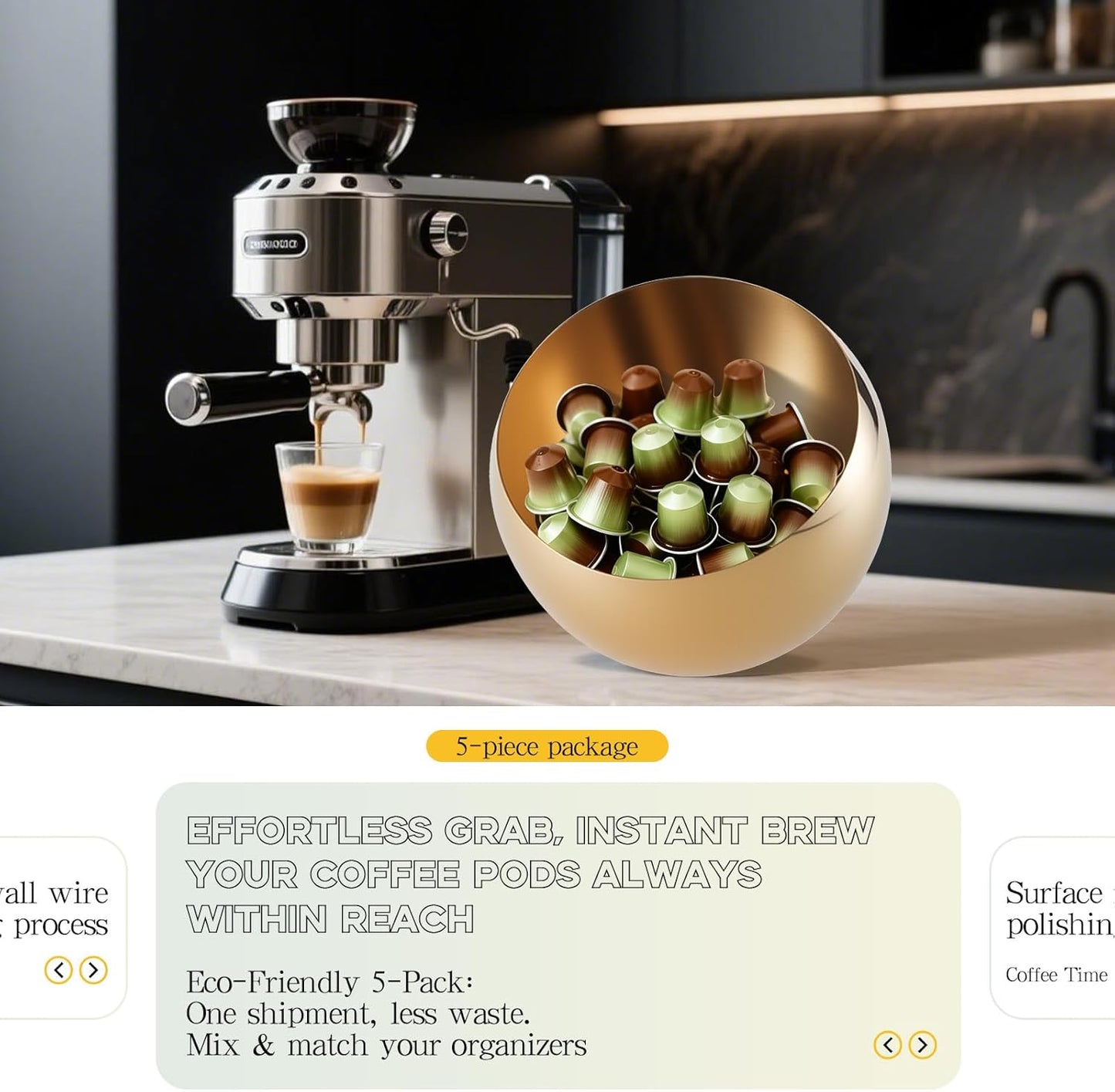 Large Capacity Coffee Pod Holder – Stainless Steel Pod Organizer and Holder | Stylish Coffee Bar Accessories & Countertop Storage (Gold, 5 Pack)