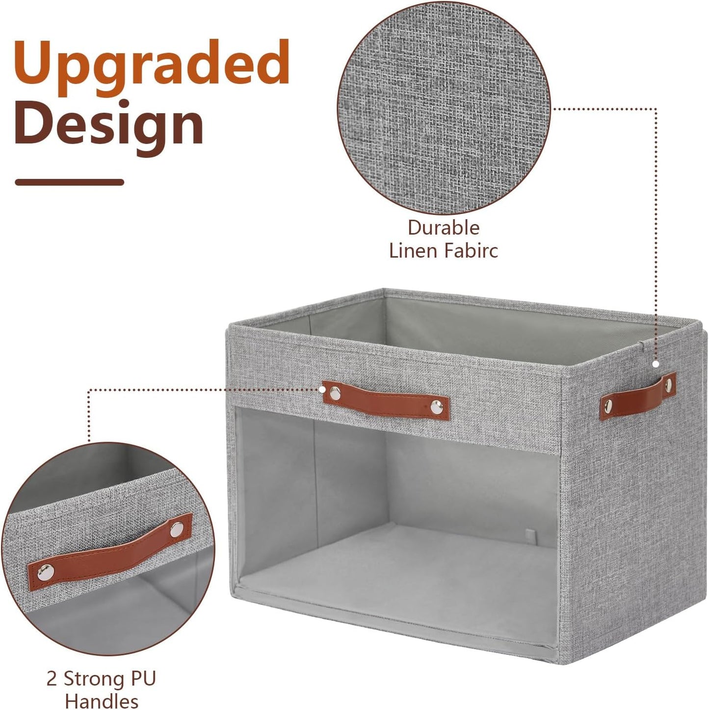 Extra Large Storage Baskets with Clear Window, See Through Closet Organizer with PU Handles, Linen Foldable Storage Bins for Organizing Clothes, Toys, Books (Gray)