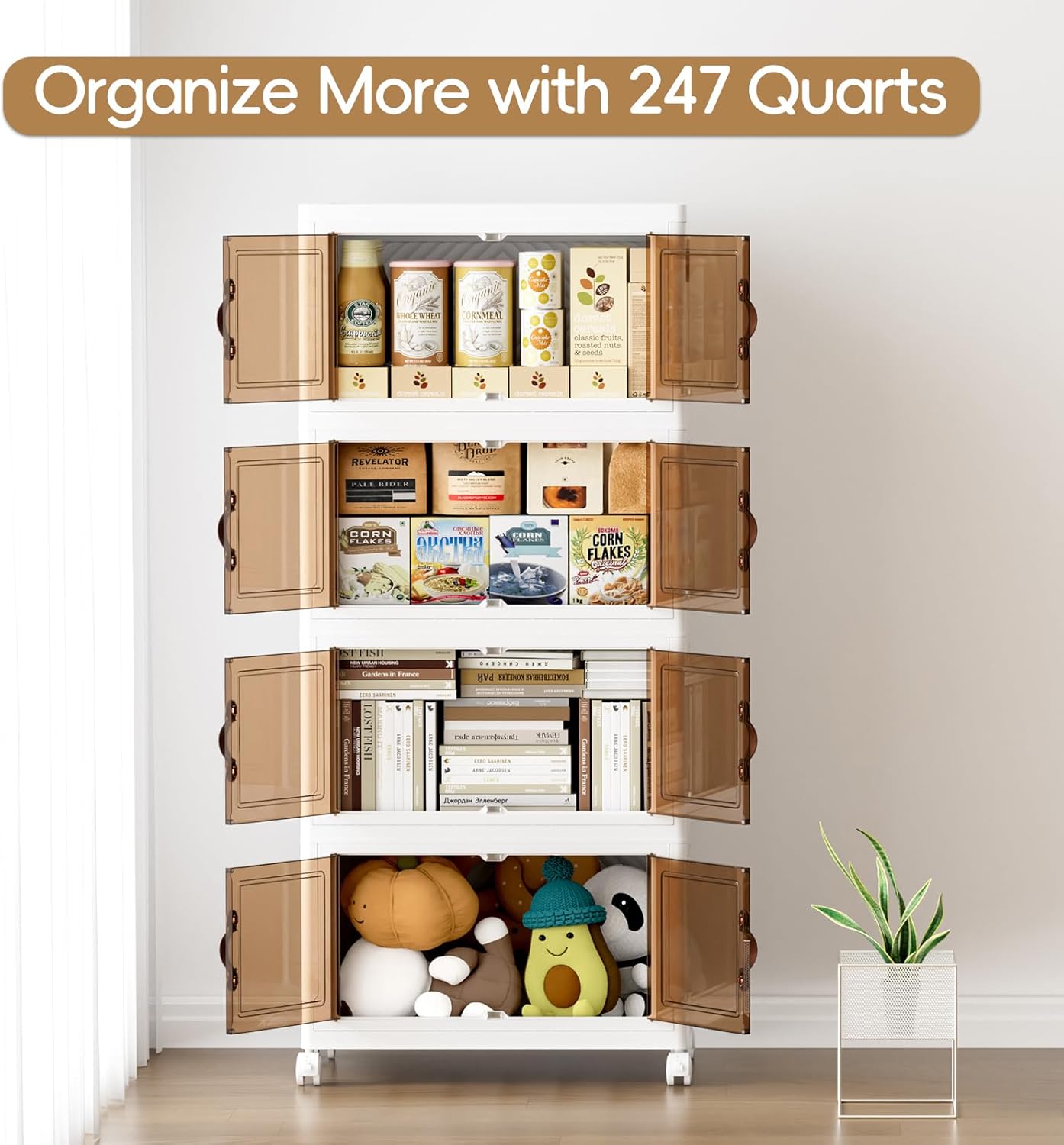 JEKO&JEKO 247Qt Stackable Storage Bins with Lids and Wheels, Foldable Collapsible Plastic Boxes for Clothes, Home, White, 4 Pack