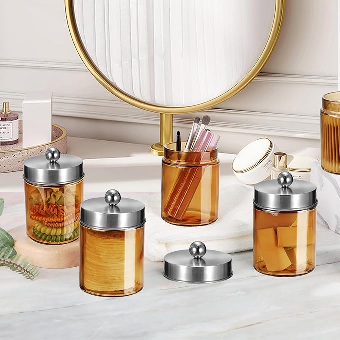 Amolliar Bronze Glass Apothecary Jar With Metal Lid & Stickers, Bathroom Qtip Dispenser Storage Canister, Perfect for Cotton Balls, Cotton Swabs, Makeup Pads, Bath Salt, Floss, 2 Pack (Brushed Nickel)