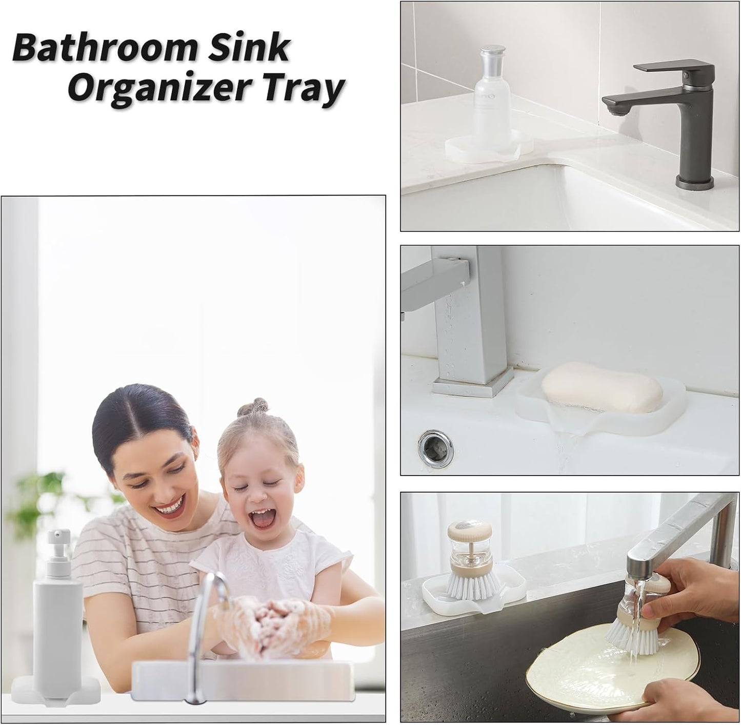Silicone Bathroom Soap Dishes with Drain Spout-Bathroom and Kitchen Sink Organizer,Sponge Holder,Dish Soap Tray,Perfect for Dispenser,Scrubber,Bottle,Cup on Counter Translucent 4.9"×3.2"