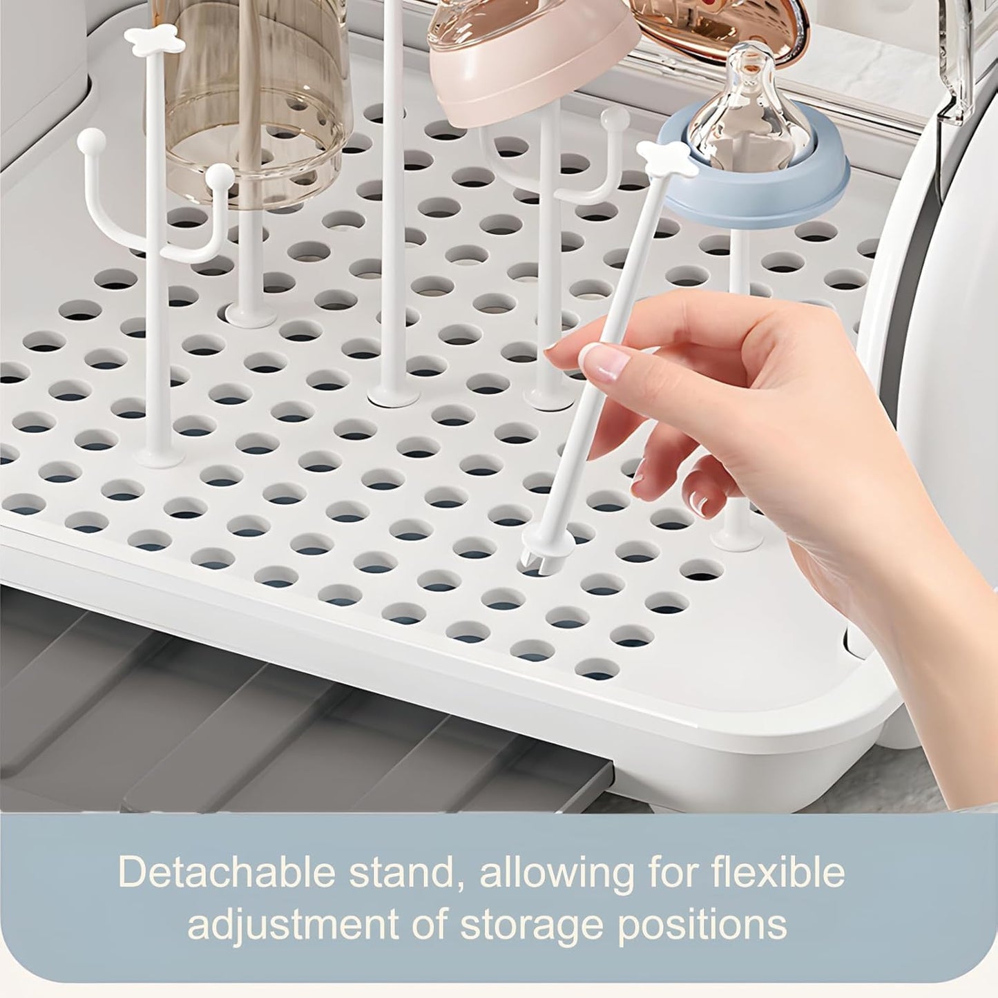 Transparent Baby Bottle Drying Rack with Double Lid and Removable Drain Tray Dust-Proof Baby Bottle Storage Box, Space Saving Baby Bottle Rack Dryer (Blue - Large)