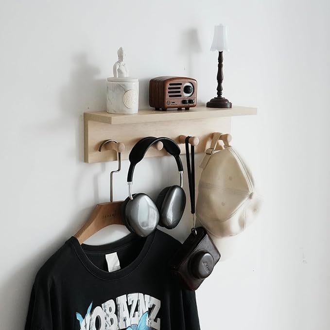 Entrance Coat Rack ，Coat Hooks, Wall-Mounted Wooden Hook Rack, Wall-Mounted Shelves are Very Suitable (Birch Colored Finish)