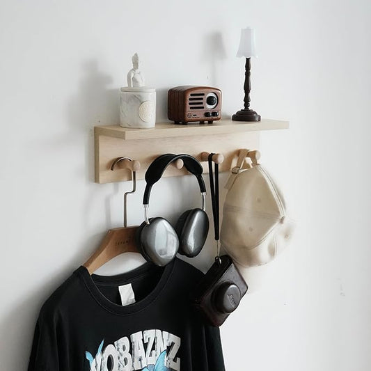 Entrance Coat Rack ，Coat Hooks, Wall-Mounted Wooden Hook Rack, Wall-Mounted Shelves are Very Suitable (Birch Colored Finish)