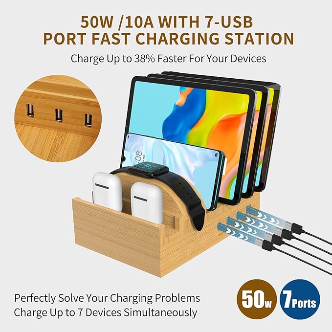 Bamboo Charging Station for Multiple Devices,15W Fast Wireless Charger Night Light with 3 Color & 4 Adjustable Brightness,Night Stand Charger Station Compatible with Phone/Watch/Air-Pods with Adapter