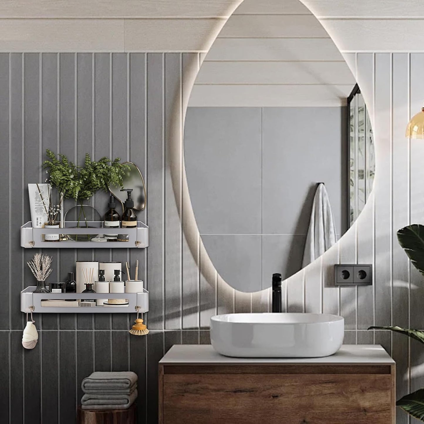 NearMoon Bathroom Shower Caddy 2 Pack, No Drill 304 Stainless Steel Shower Organizer with 2 Hooks (Shower Shelf, Chrome)