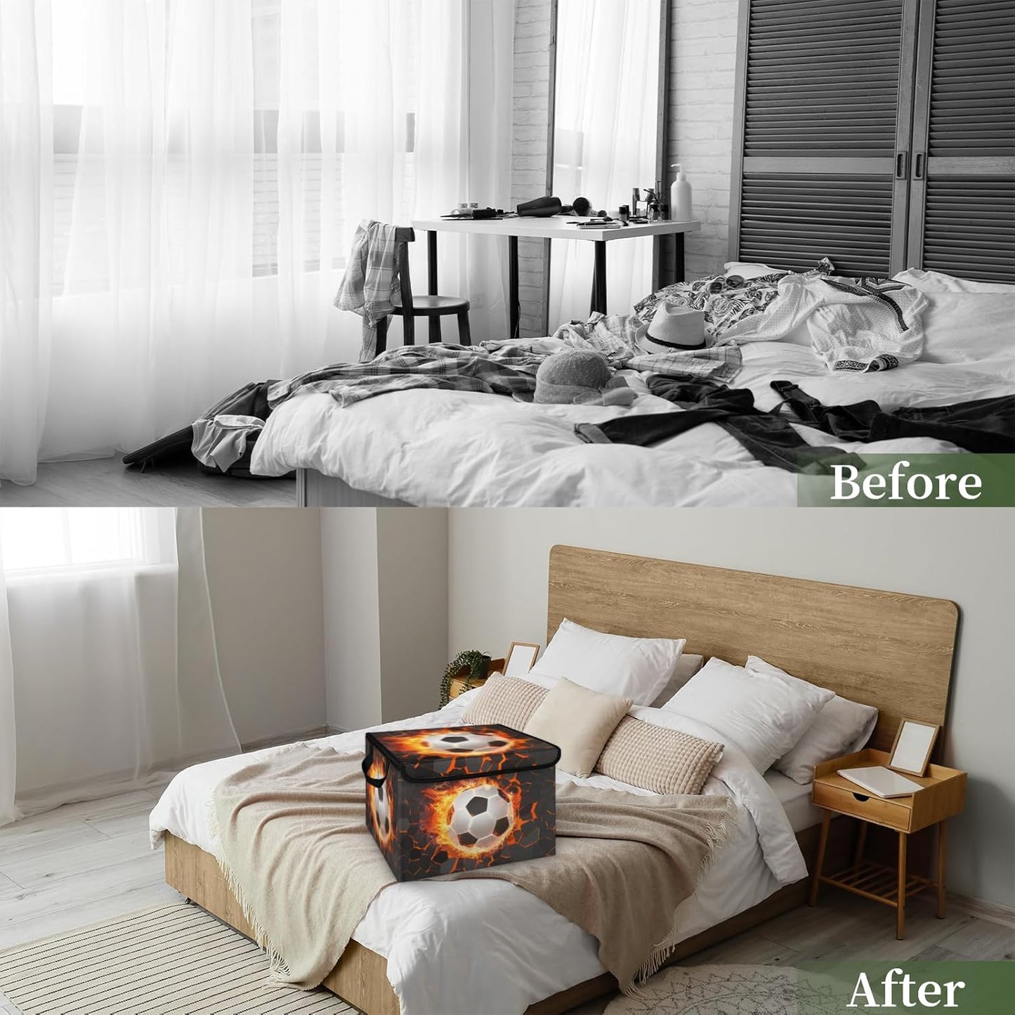 Closet Storage Bins Storage Baskets for Organizing with Flip-Top Lid & Handles, 27 Quart Large Linen Closet Organizers and Storage Cubes, Decorative Wardrobe Boxes for Organization (Cool Soccer)