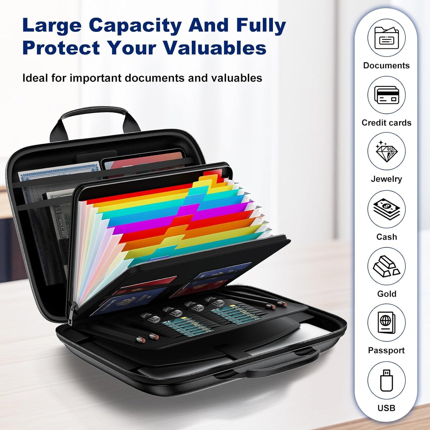 Fireproof Document Box, Hard Case Fireproof File Organizer with Lock and 13 Pocket Accordion File Folder, Portable Safe Box for Home Office Travel to Storage Important Documents Laptop Black