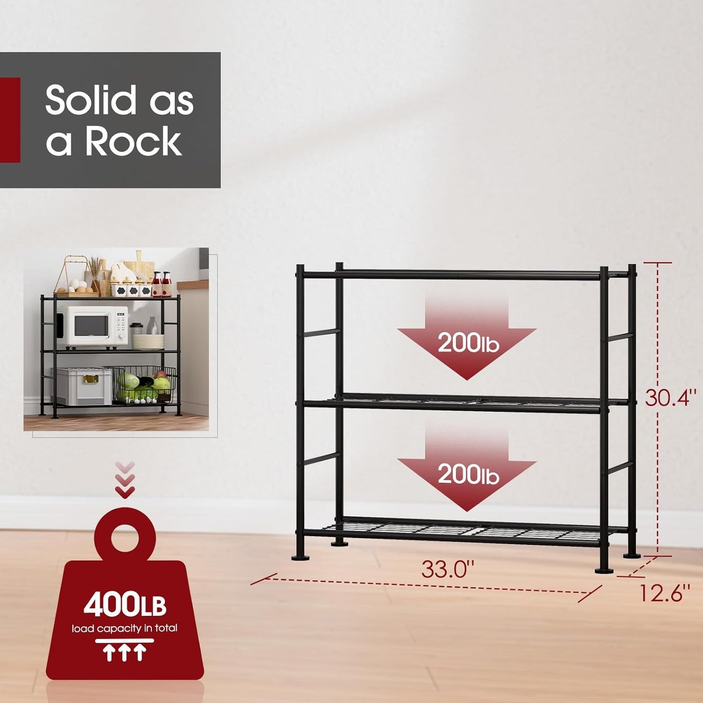 Storage Shelves - 3 Tier Shelf Organizer, Heavy Duty Garage Shelving Unit with Leveling Feet, Stable Metal Shelves Organizer for Pantry, Kitchen and Closet, 33.0" W x 12.6" D x 30.4" H, Black