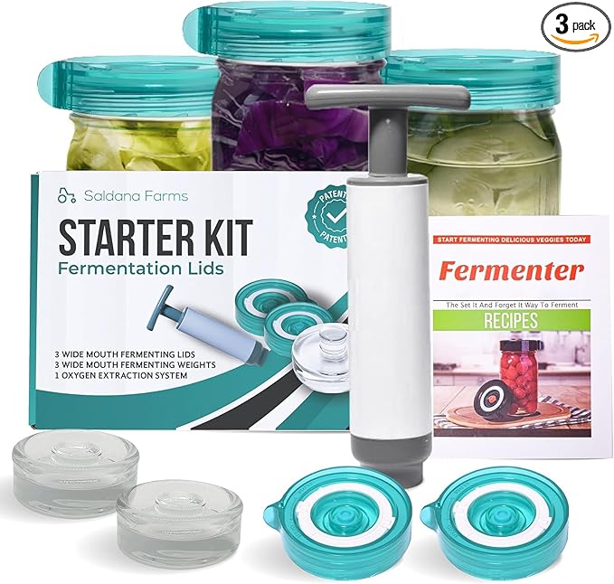 Fermentation Starter Set, Includes 3 Airlock Fermentation Lids and 3 Glass Weights, Sauerkraut Fermenting Kit for Wide Mouth Mason Jar, Pickles, Vegetables, & Kimchi Making Kit