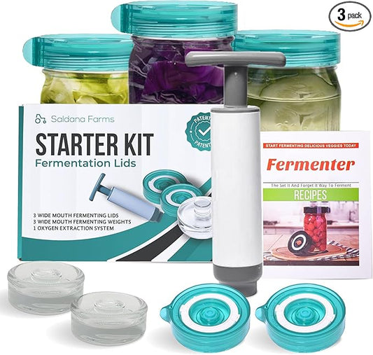 Fermentation Starter Set, Includes 3 Airlock Fermentation Lids and 3 Glass Weights, Sauerkraut Fermenting Kit for Wide Mouth Mason Jar, Pickles, Vegetables, & Kimchi Making Kit