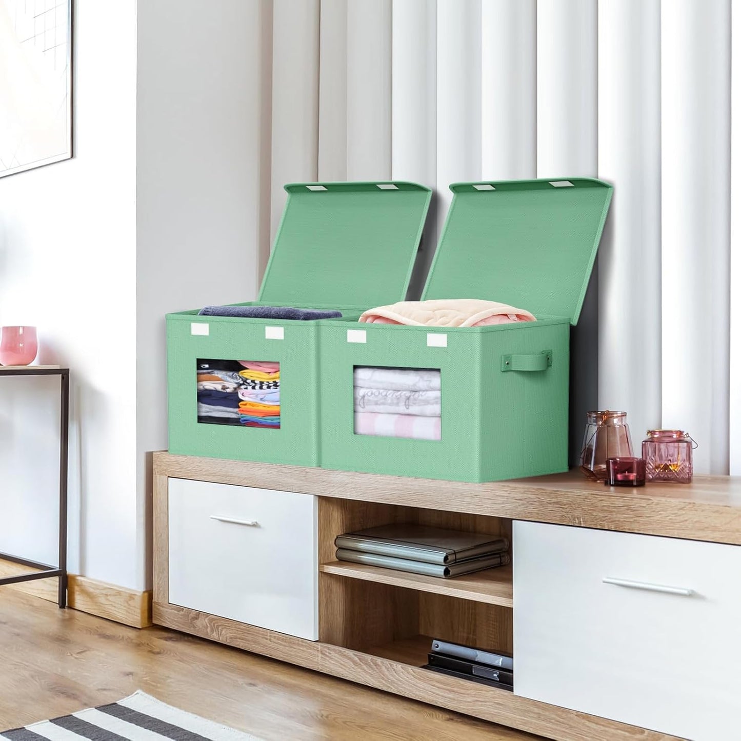 Univivi Collapsible Stackable Storage Bins with Lids [4-Pack] Foldable Fabric Closet Organizer Basket, Closet Organizers and Storage Cube Storage Bin for Home, Office, Bedroom (Green)