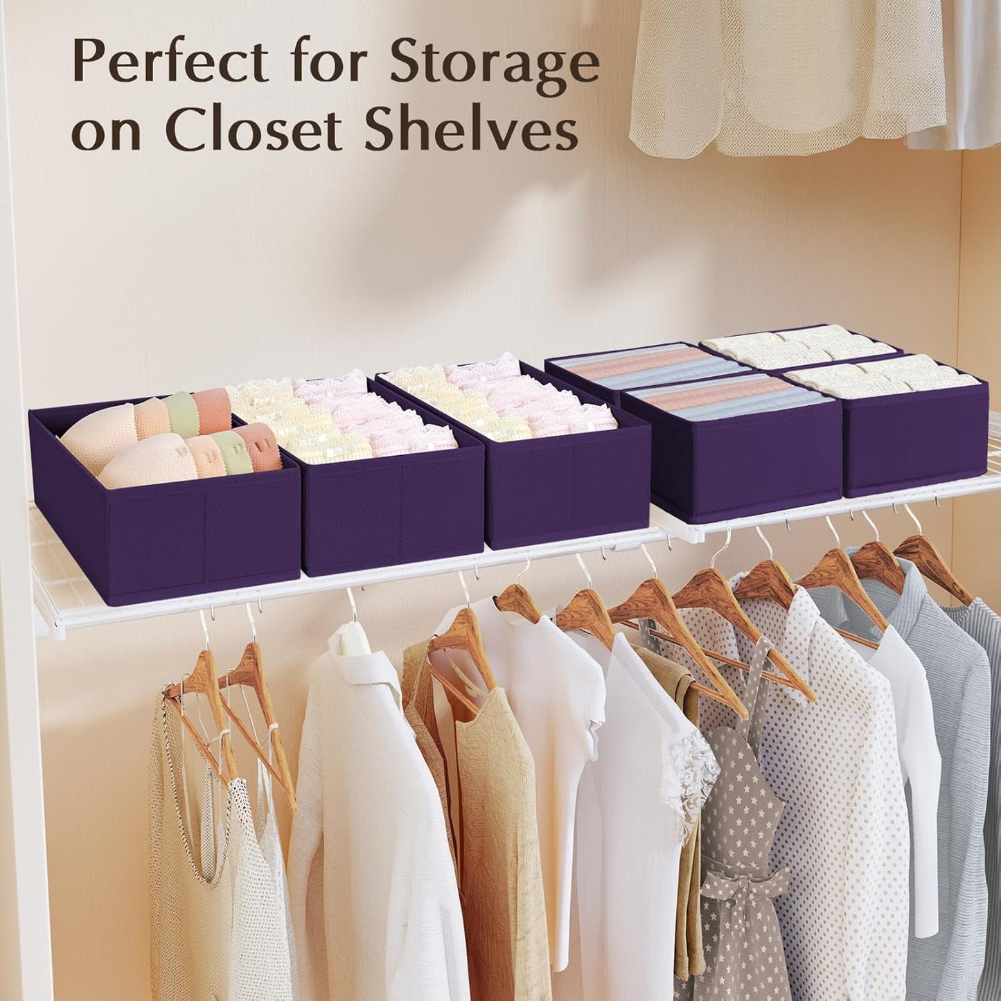 DIMJ Drawer Organizers Clothes, Set of 4 Dresser Organizer Bins, Fabric Closet Organizers and Storage, Shallow Drawer Dividers for Nursery, Clothing, Baby Clothes, Socks, Underwears, Tie (Purple)