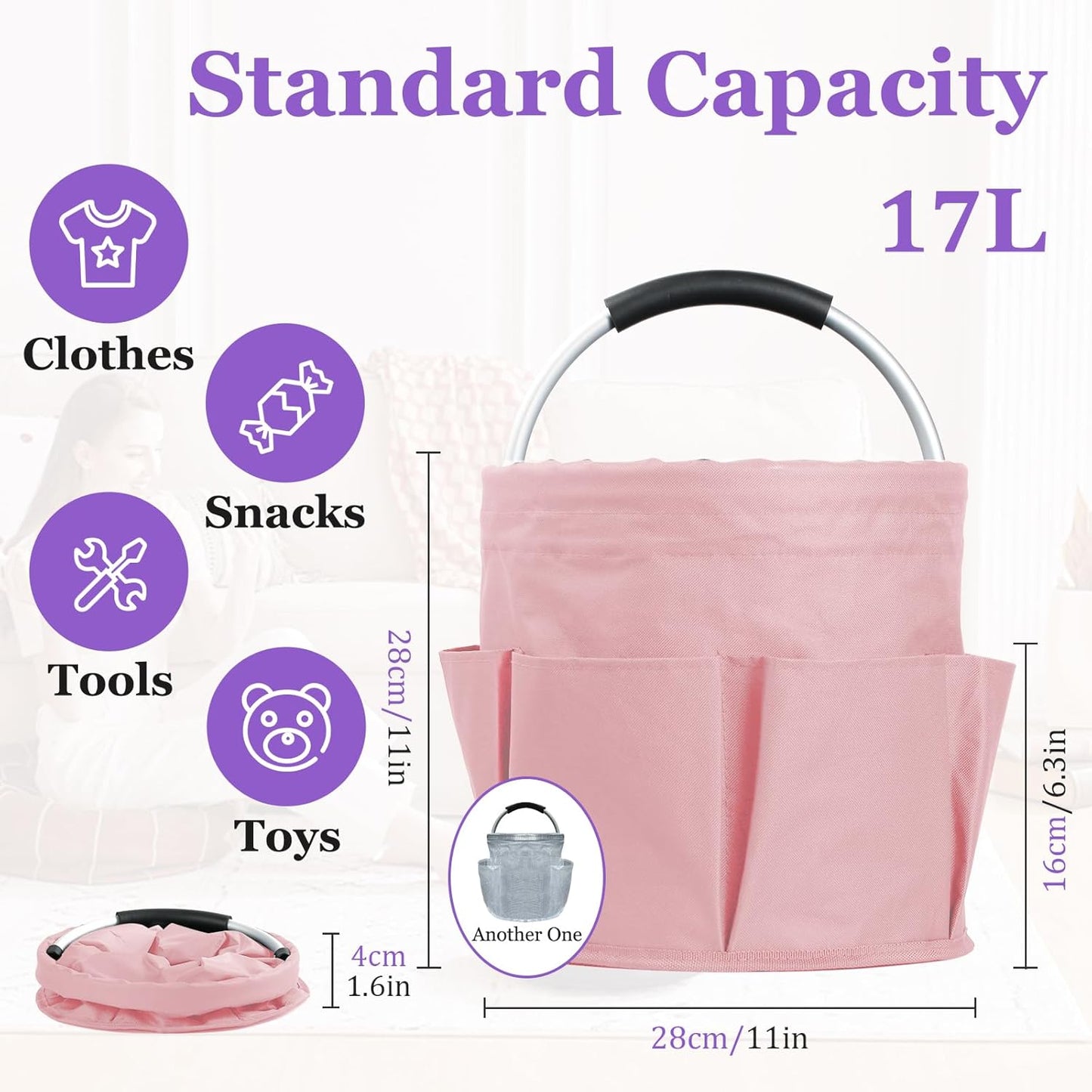 2Pcs 17L College Shower Caddy for Women, Bathroom Cleaning Caddy with Handle, 600D Oxford Fabric Cleaning Supplies Bucket, Multifunctional Storage Basket for Dorm, Family, Pink + Transparent