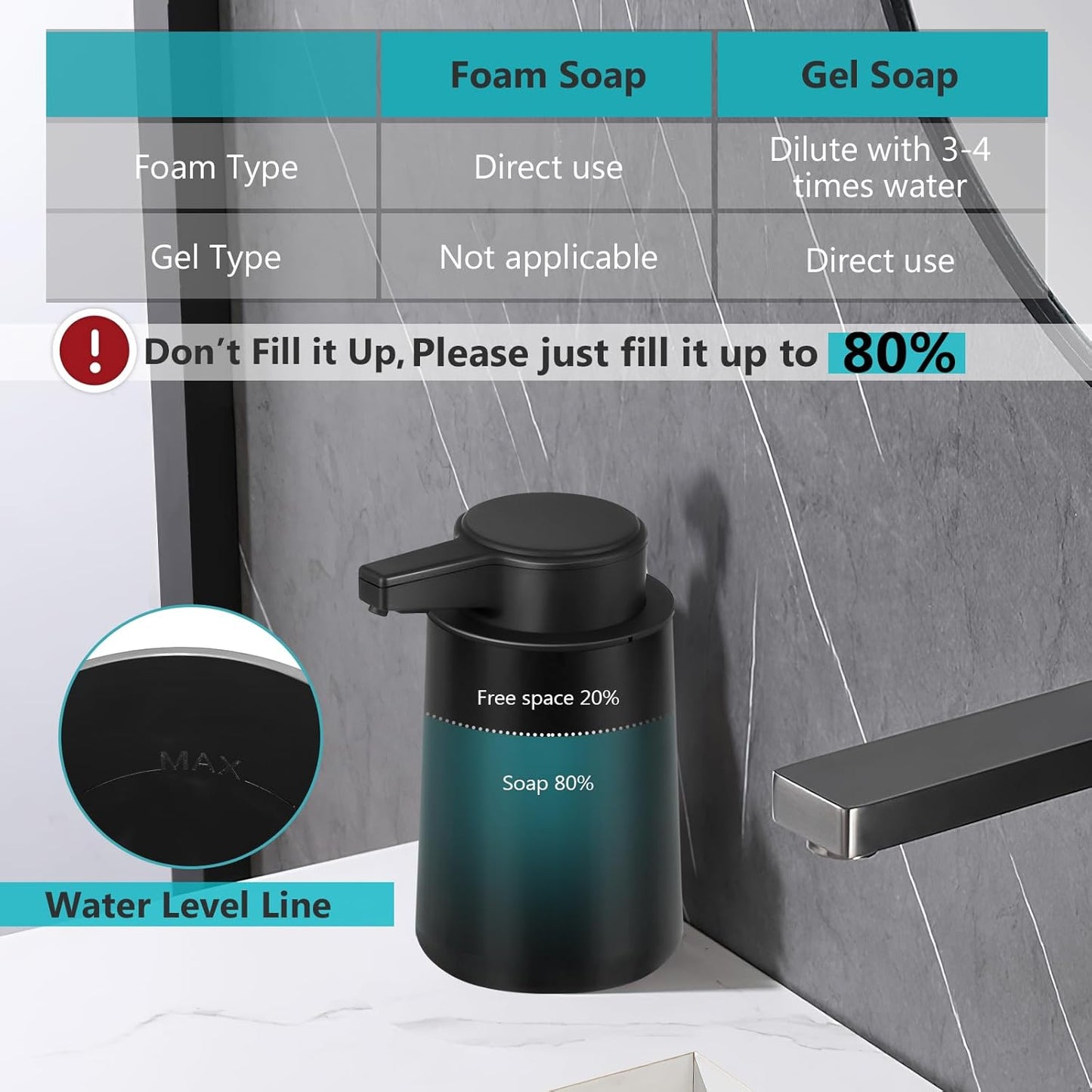 Automatic Soap Dispenser Liquid Touchless: 9oz Black Plastic - Rechargeable Electric Smart 3 Level Adjustable Auto Hand Soap Dispenser - Dish Bathroom Kitchen