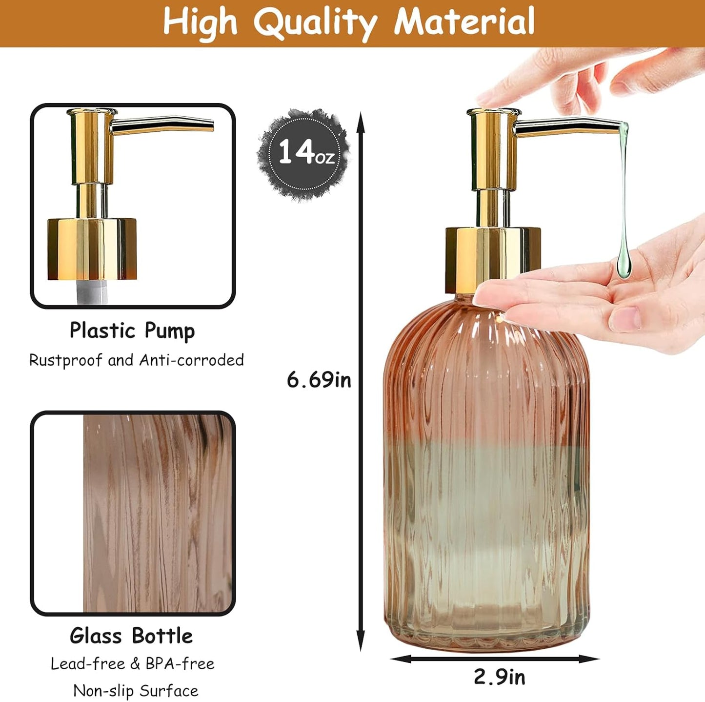 Glass Soap Dispenser with Gold Plastic Pump, 13.5oz Refillable Liquid Hand Soap Dispenser, 2 Pack Crystal Lotion Bottle for Modern Home Decor, Bathroom, Kitchen Countertop, Hotel(Orange)