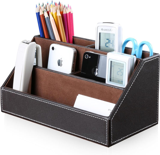 KINGFOM Pu Leather Desk Organizer with 5 Compartments Holder, Multi-Functional Office Supplies Storage Caddy for Pen/Pencil, Phones, Remote Controller and Desktop Accessorie Brown