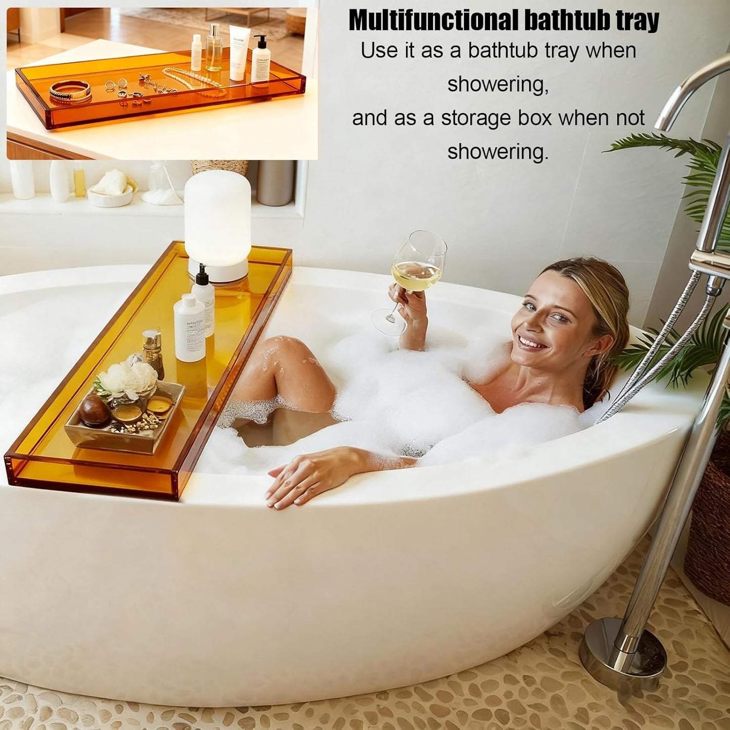 Bathtub Tray Table, Clear Acrylic, Anti-Slip Bath Caddy, (Amber, L29.9 x W7.87 x H1.18)