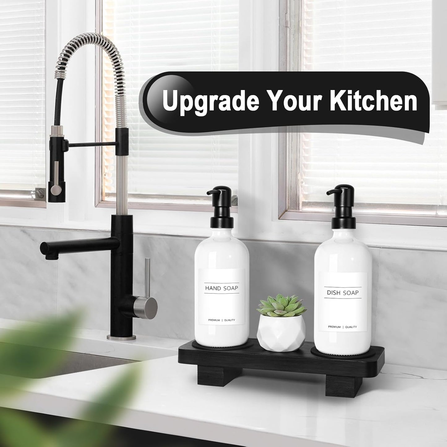 Hand Soap Dispenser for Kitchen, White Soap Dispensers with Stainless Steel Pump, Bathroom Soap Dispenser Set with Wood Riser Tray, Kitchen Dish Soap Dispensers Bathroom Decor(White)