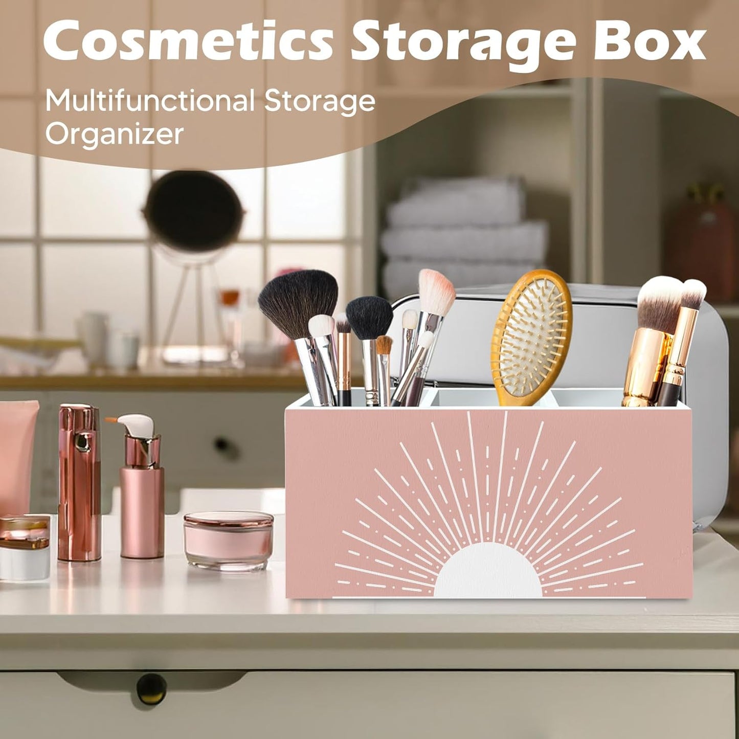 DILSJ Pink Boho Abstract Sunshine Pen Pencil Holder Organizer for Desk, Boho Office Decor, Pink Mid Century Modern Minimalist Sun Sunshine Wooden Box Signs for Home Office Desk Tabletop Decoration