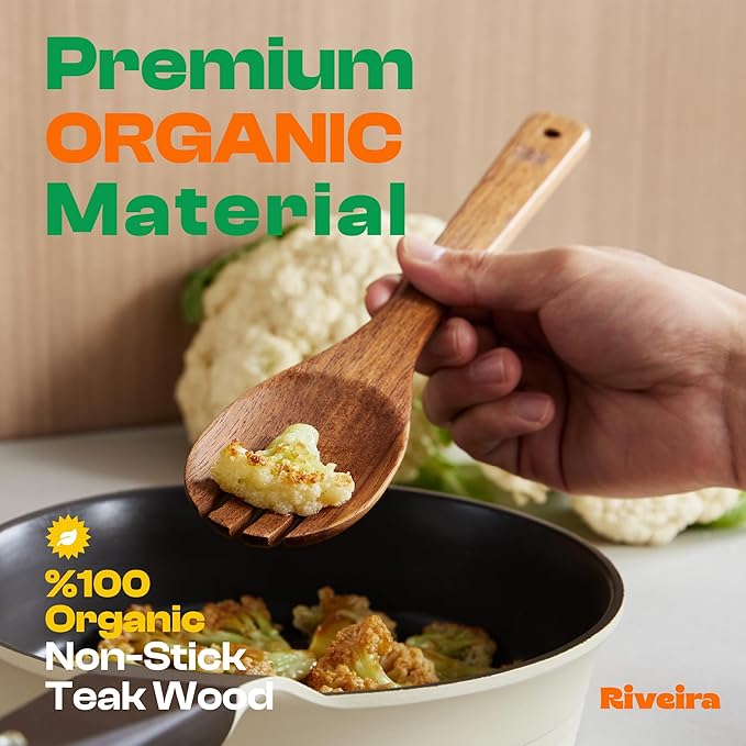 Riveira Teak Wooden Cooking Utensils Set of 6 Premium Quality Non-Toxic Wooden Spoons & Spatula for Cooking, Stirring & Serving