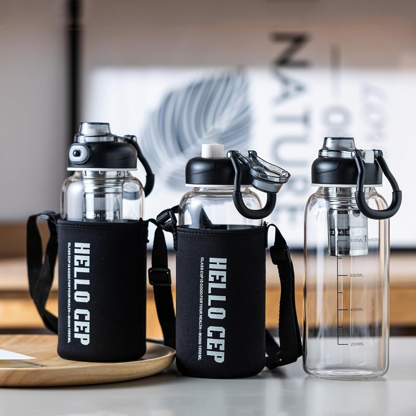 34oz Glass Water Bottle with capacity Mark & Stainless Steel Tea Strainer-Large Capacity for Hot/Cold Drinks,Coffee,Tea,and Water-Includes Protective Sleeve,Perfect for Home,Office (34oz4PCS)