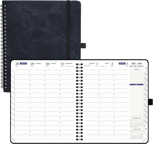 POPRUN 2026 Weekly Planner 30-Mintue (Medium 7'' x 8.5'') - From Jan 2026 to Dec 2026 - Two Pages Per Week Appointment Book with Monthly Tabs, Softcover, Inner Pocket, Pen Holder - Black
