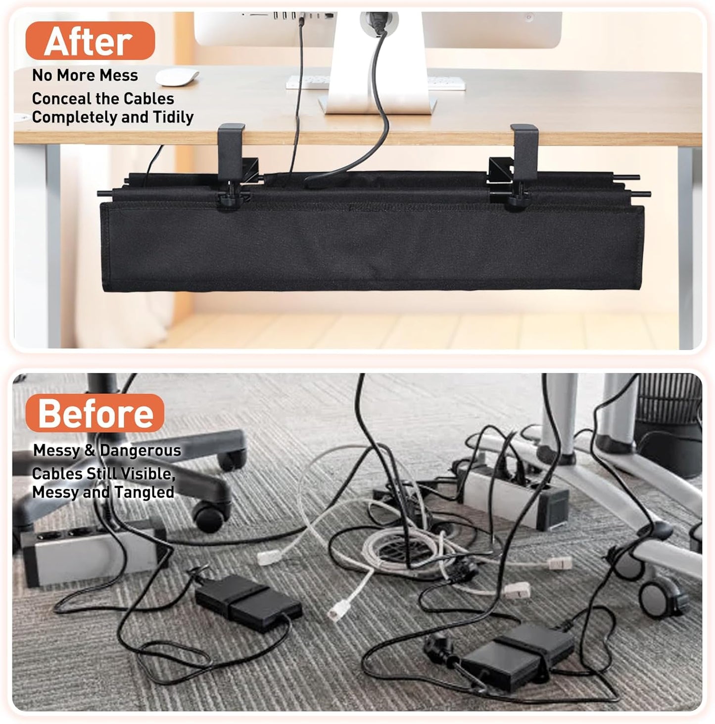 MAXECHO Under Desk Cable Management Tray 28" - Clamp on Wire and Cable Organizer for Storage and to Hide Cords - Ideal for Home Office - Premium Black Fabric Design