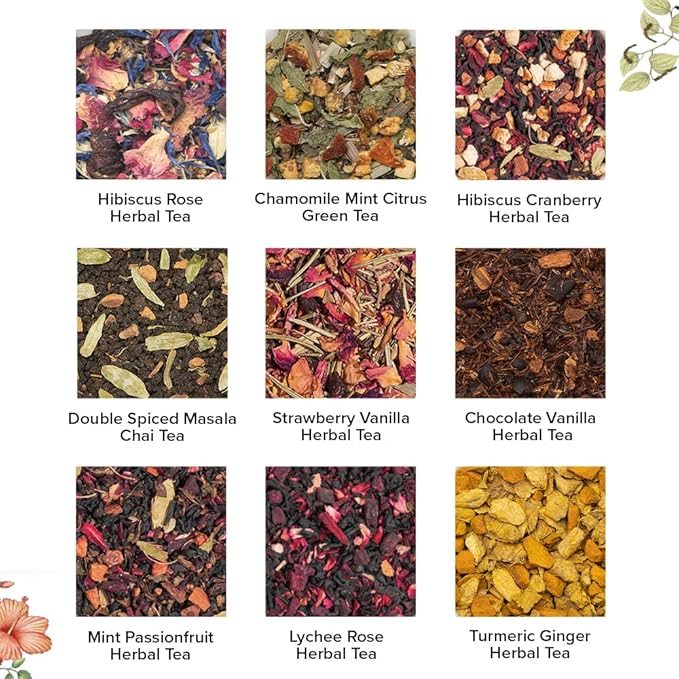 VAHDAM Top 9 Exotic Loose Leaf Herbal Tea Sampler (18+ cups) | No Caffeine | Floral & Fruity Blends with Delicious Taste | Hot & Iced | Perfect for Gifting & Regular Consumption