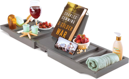 Bathtub Tray - Expandable Gray Bamboo Bath Tray for Tub with Wine Glass Holder, Book & Tablet Stand - Wooden Bathtub Caddy for Bathroom Accessories, Spa Relaxation, Housewarming & Wedding Gift